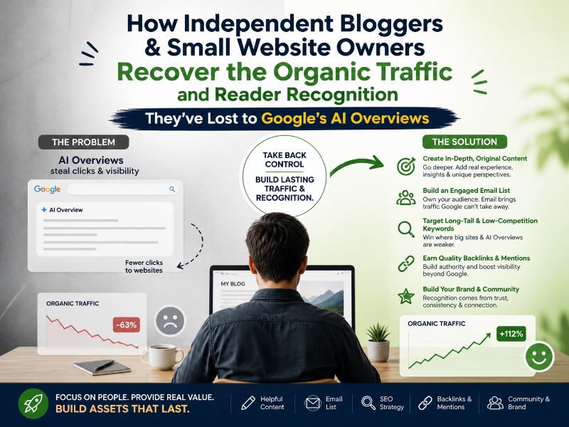 How can independent bloggers and small website owners recover the organic traffic and reader recognition they've lost to Google's AI Overviews